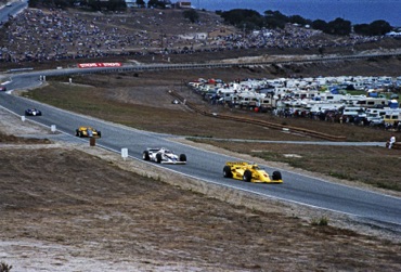Al Unser Sr leads the field on the old short track layout at Laguna which went straight from T2 and uphill to what is now T6